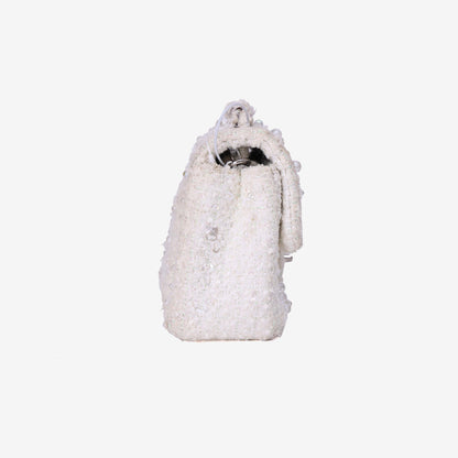 Chanel Tweed Beaded Mini Rectangular Flap in White Tweed with Silver Hardware side view