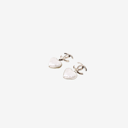 Chanel 22C Heart Pearl CC Logo Dangle Drop Earrings with Light Gold Hardware
