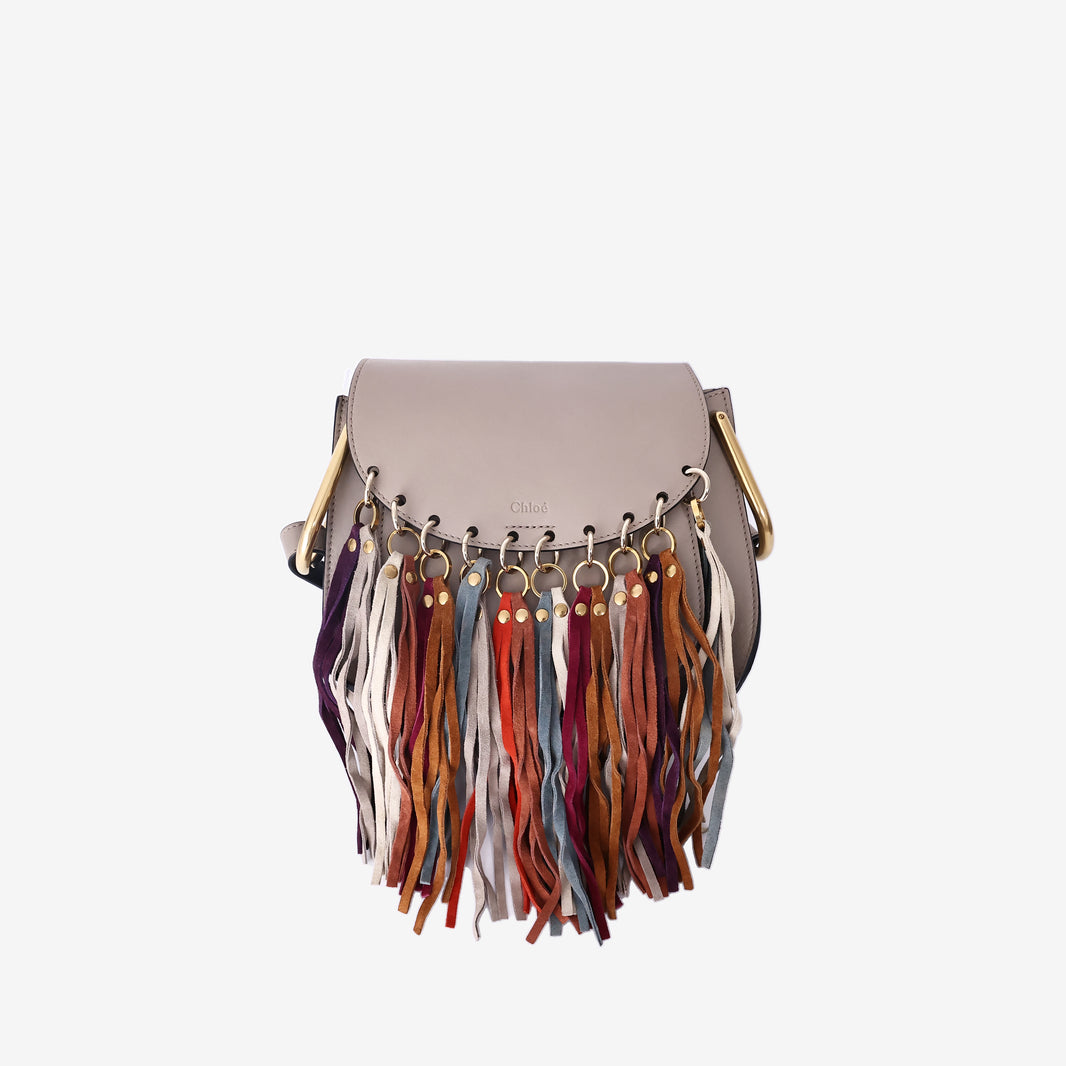 Chloé Hudson Colourful Tassel Saddle Bag in Grey Calfskin Leather with Gold Hardware