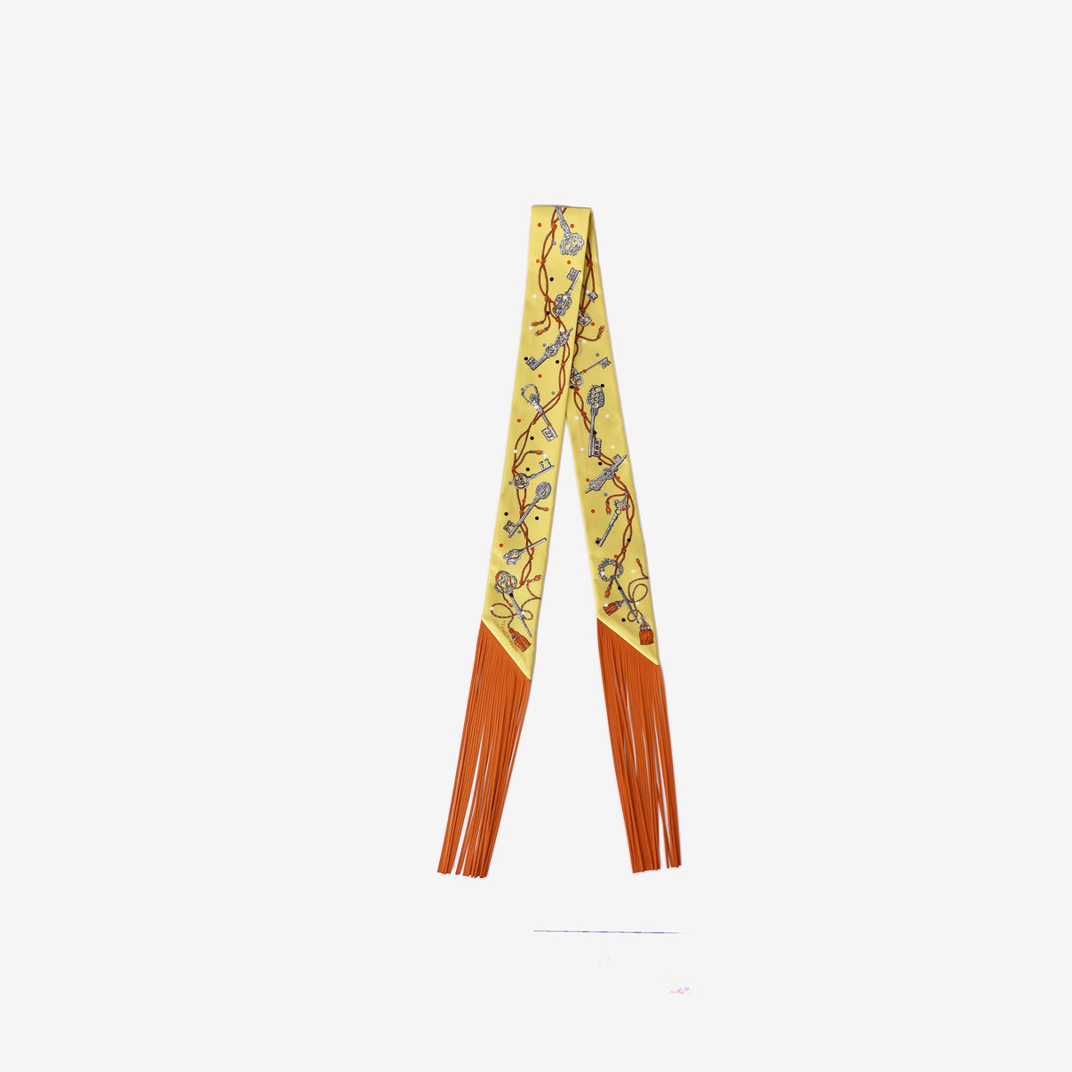 Hermès Les Clés à Pois Leather Fringes Twilly in Jaune Argent and Orange Vif Silk back view