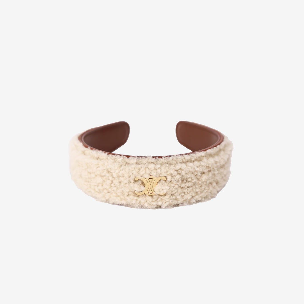 Celine Triomphe Headband in White Shearling and Sheepskin with Gold Hardware front view