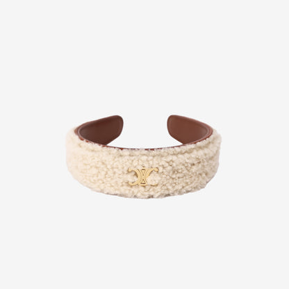 Celine Triomphe Headband in White Shearling and Sheepskin with Gold Hardware front view