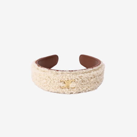 Celine Triomphe Headband in White Shearling and Sheepskin with Gold Hardware front view