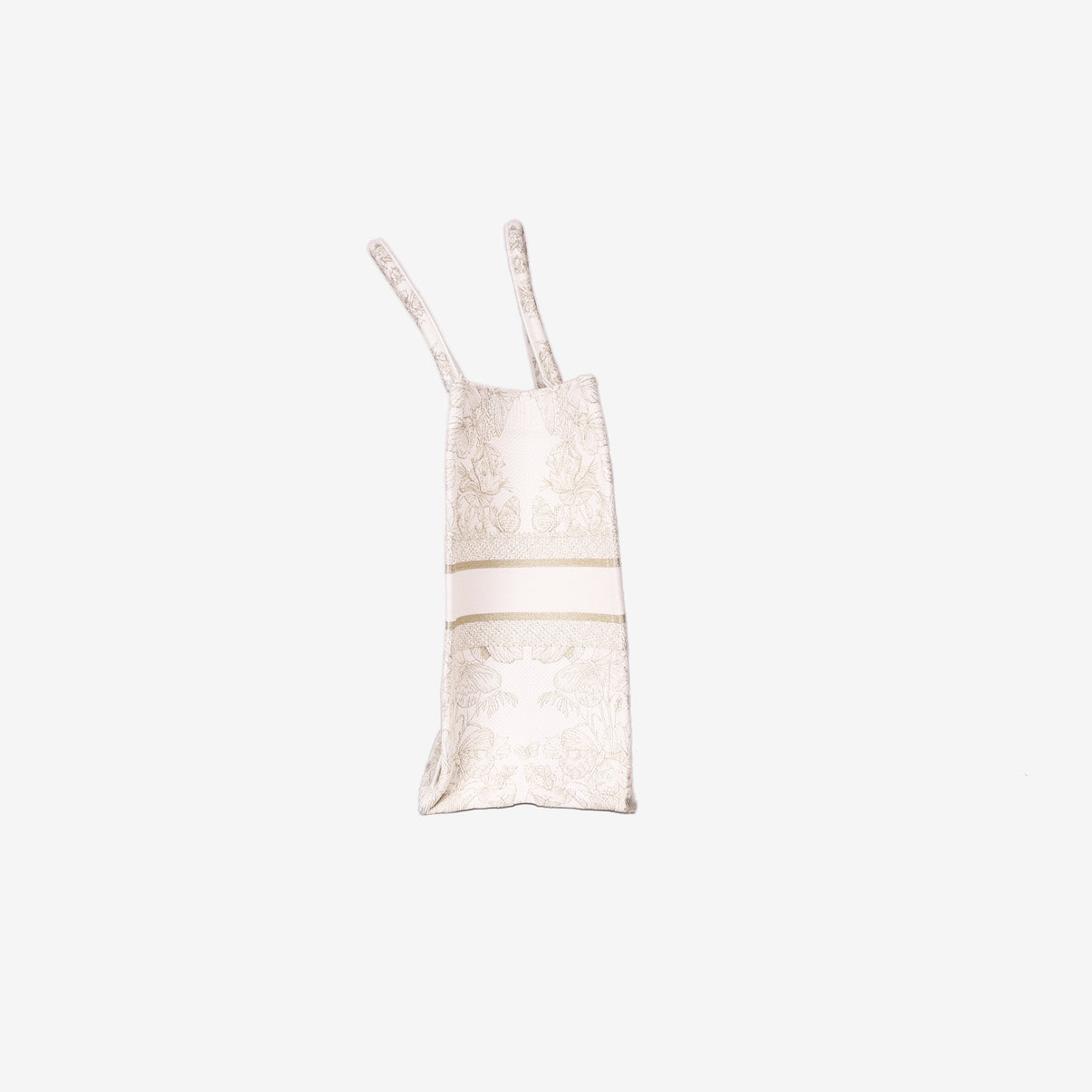Dior Book Tote Medium in Latte Toile de Jouy Embroidered Cotton with Gold Detailing side view
