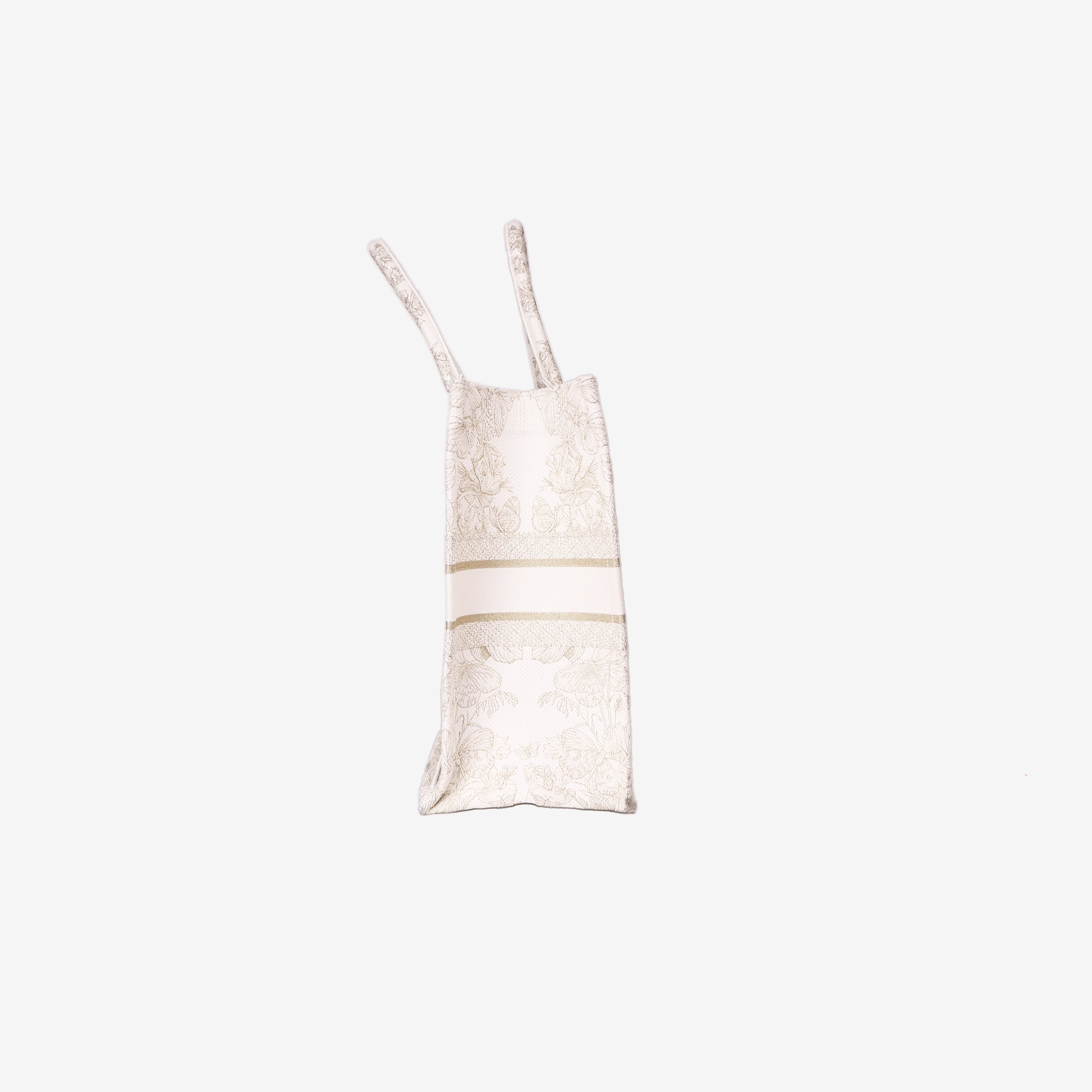 Dior Book Tote Medium in Latte Toile de Jouy Embroidered Cotton with Gold Detailing side view