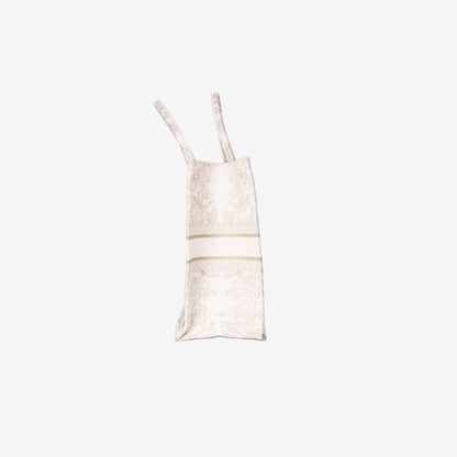 Dior Book Tote Medium in Latte Toile de Jouy Embroidered Cotton with Gold Detailing side view
