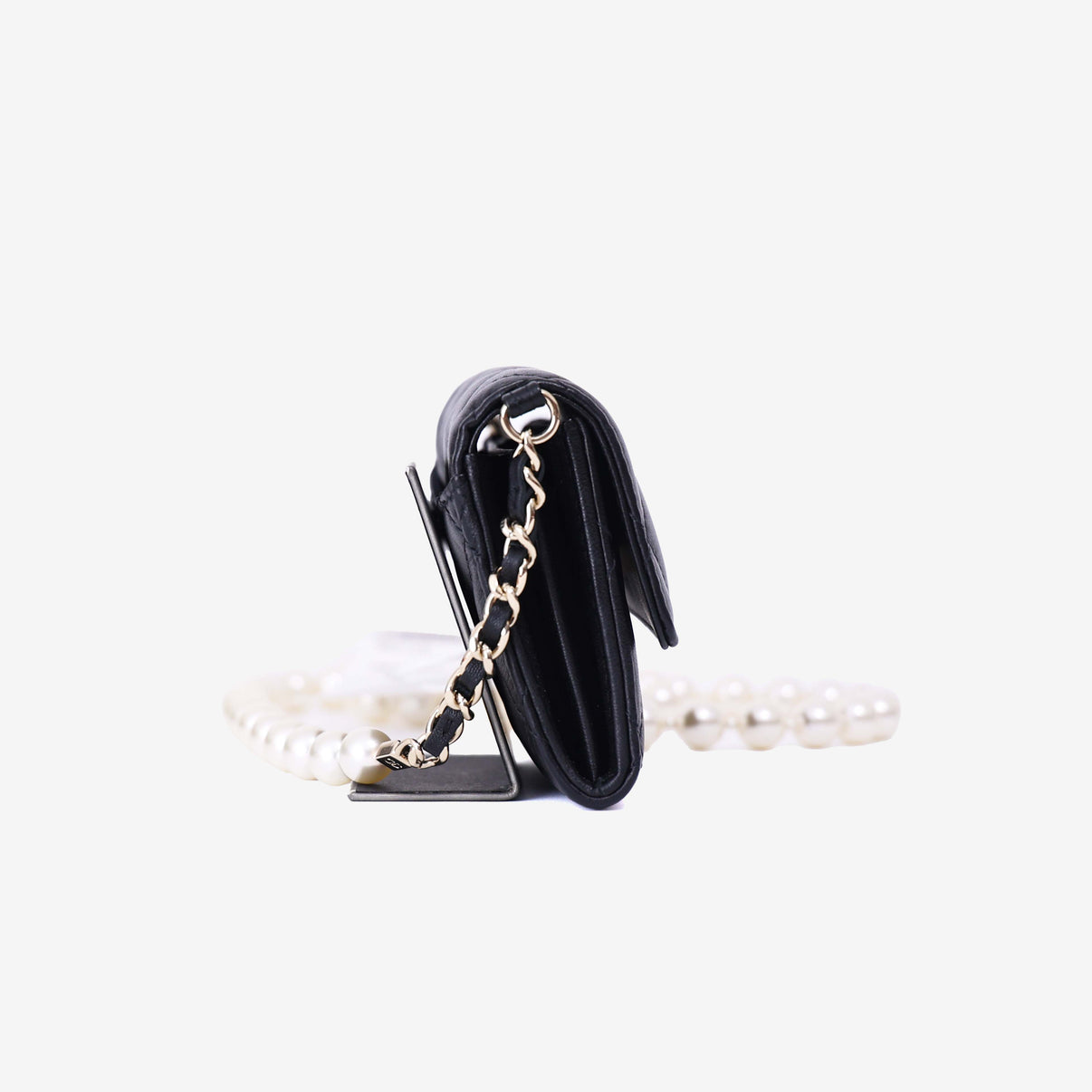 Chanel Wallet on Pearl Chain Card Holder in Black Lambskin Leather with Gold Hardware side view