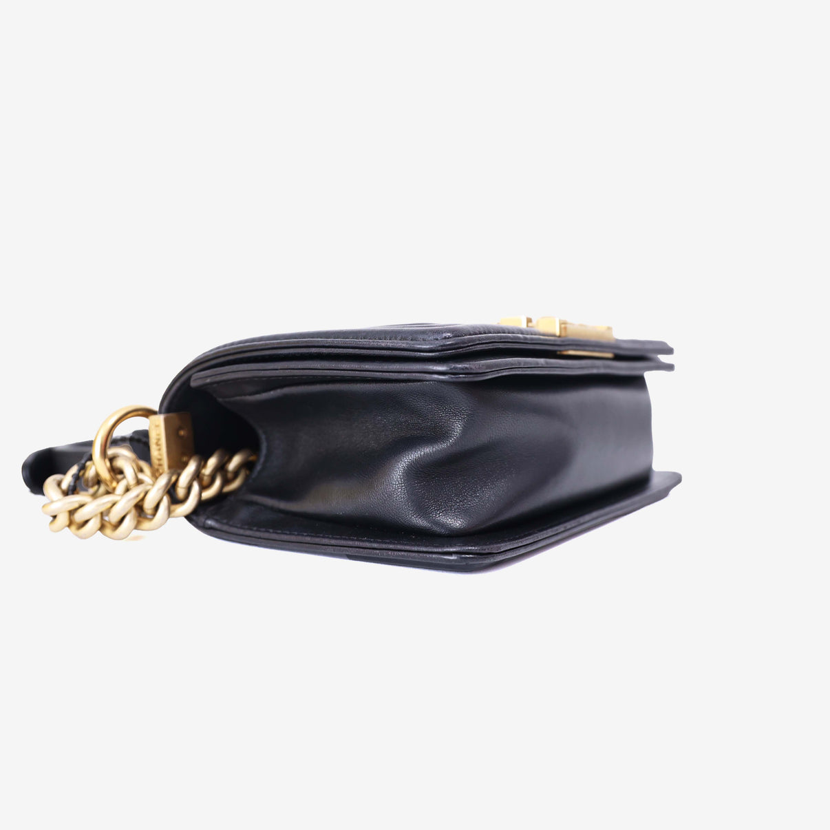 Chanel Boy Bag in Black Lambskin Leather with Gold Hardware bottom side view