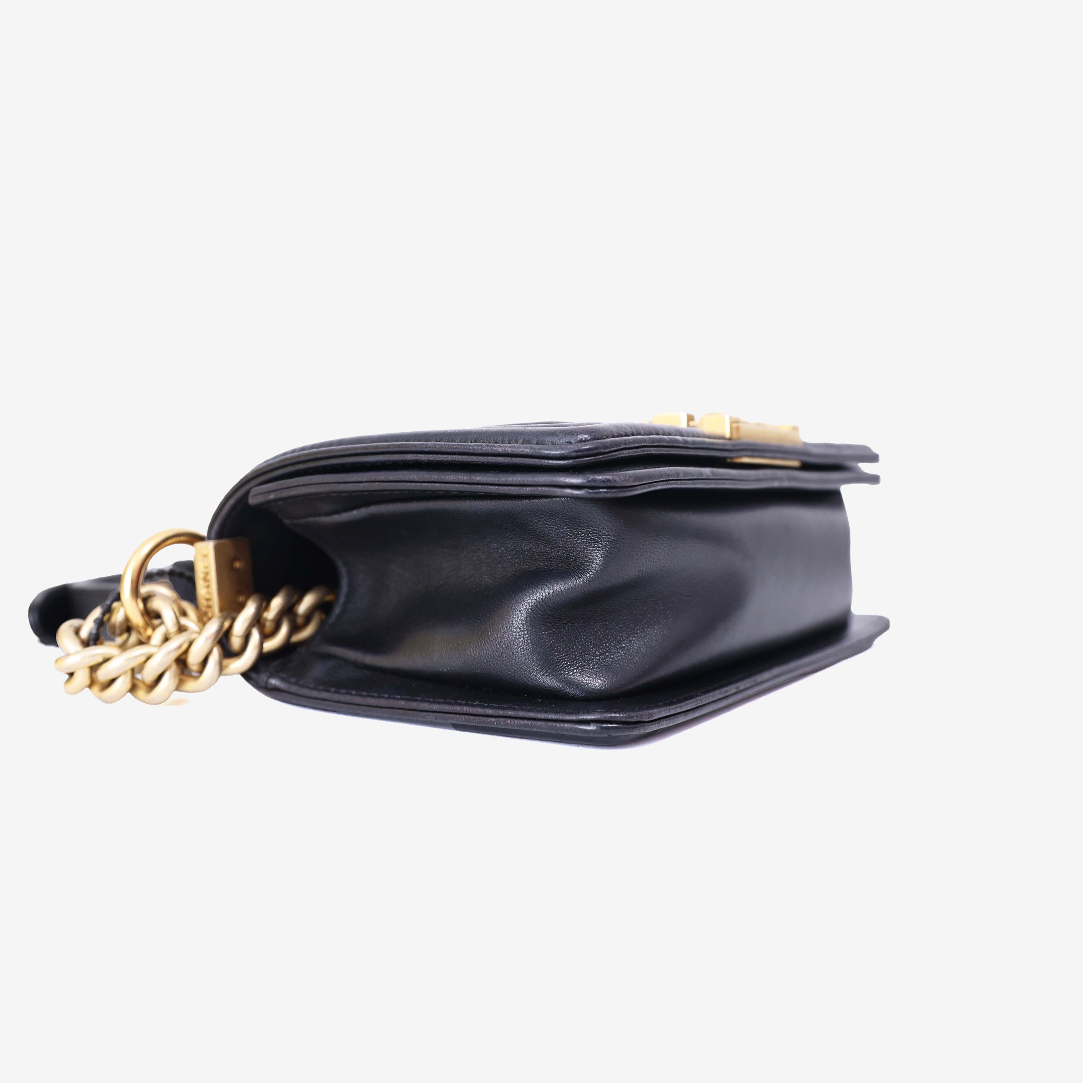 Chanel Boy Bag in Black Lambskin Leather with Gold Hardware bottom side view