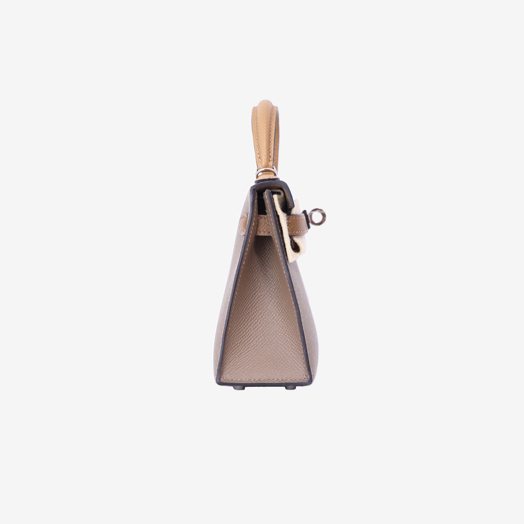 Hermès Mini Kelly 20 Etoupe/Alezan/Biscuit Epsom Leather with Palladium Hardware side view