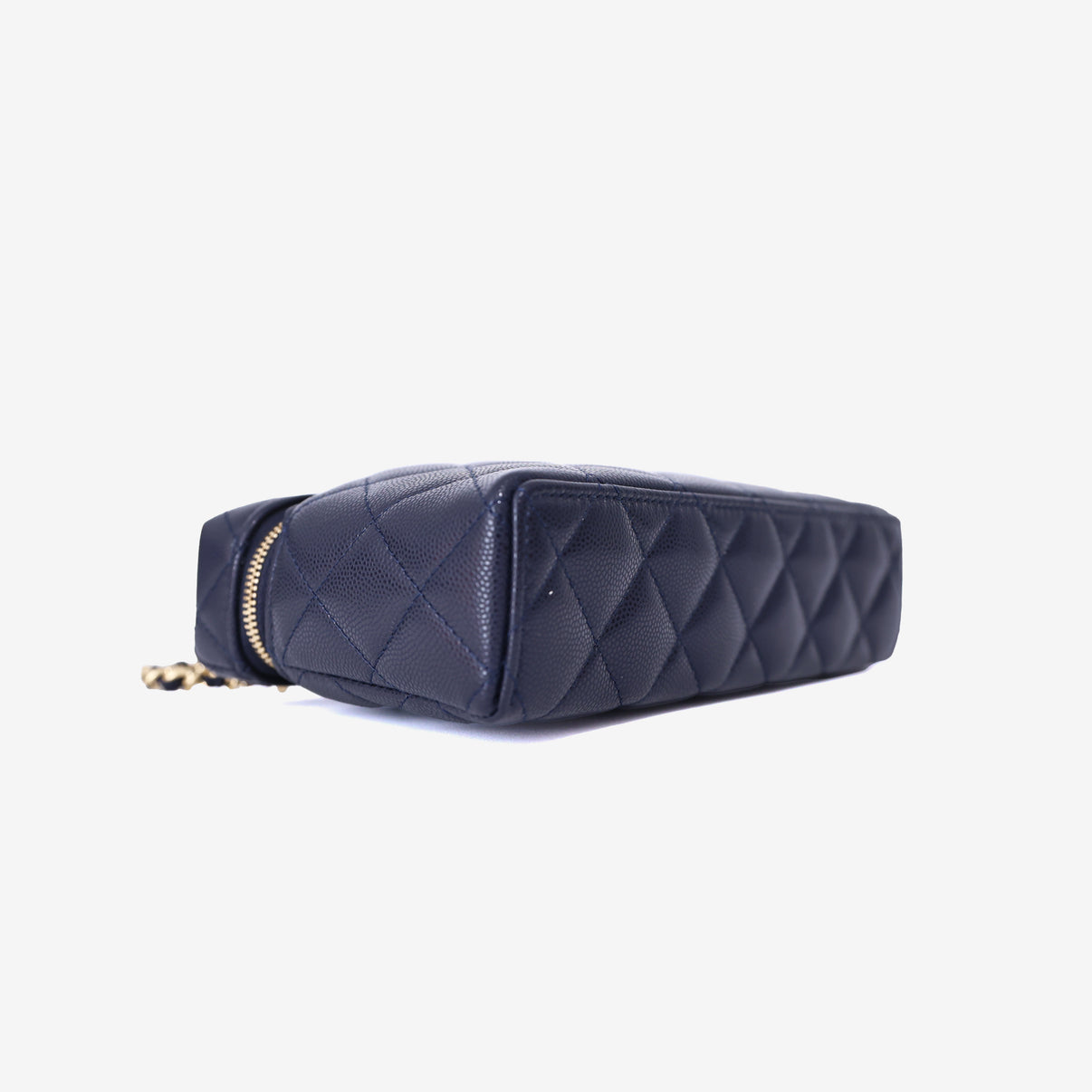 Chanel Long Vanity Case with Chain in Blue Caviar Leather with Gold Hardware bottom side view