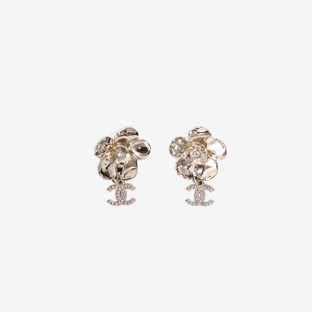 Chanel Camellia Flower Earrings in Gold-Tone Metal with Crystal