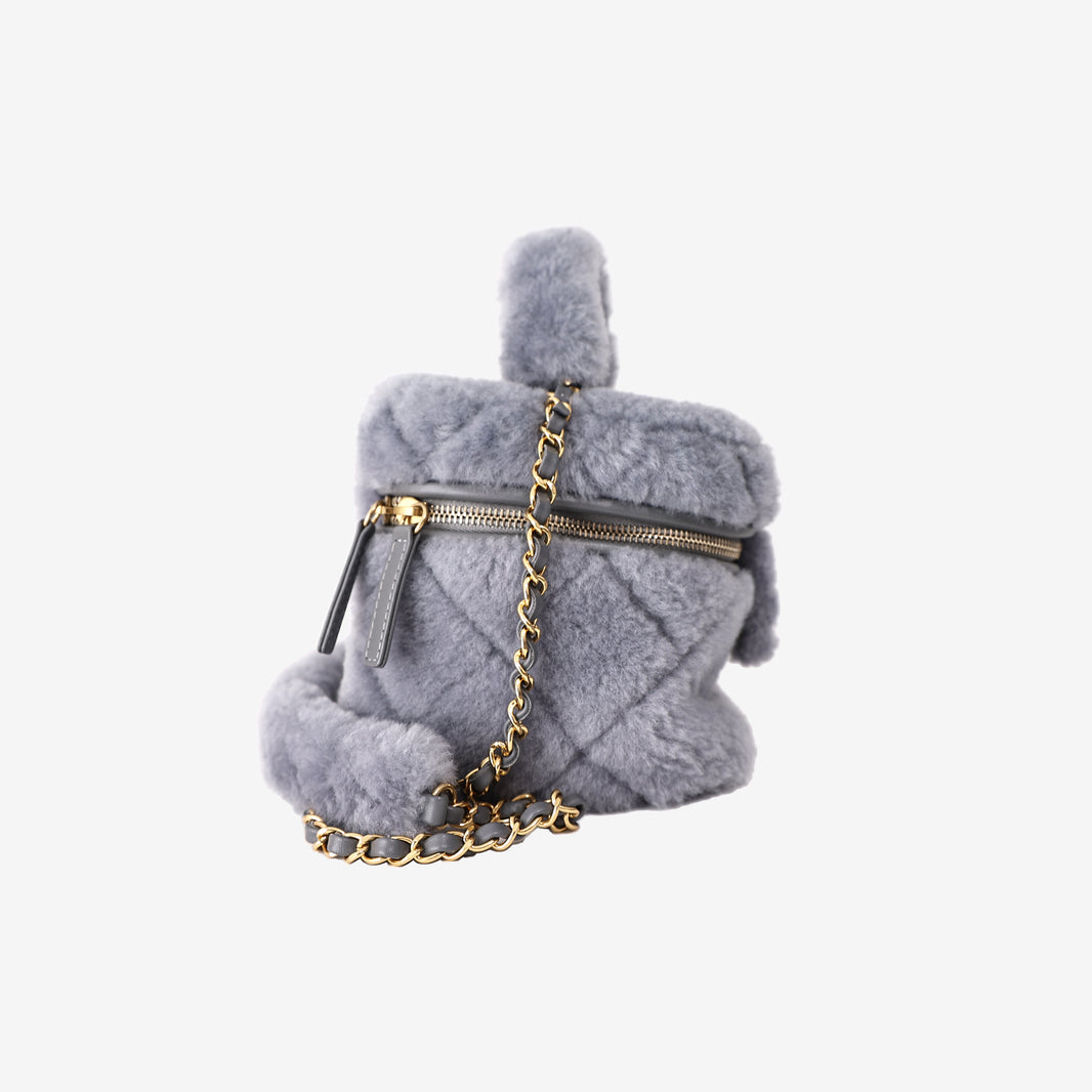 Chanel Mini Coco Handle Shearling Flap Bag in Grey Shearling/Lambskin Leather with Gold Hardware
