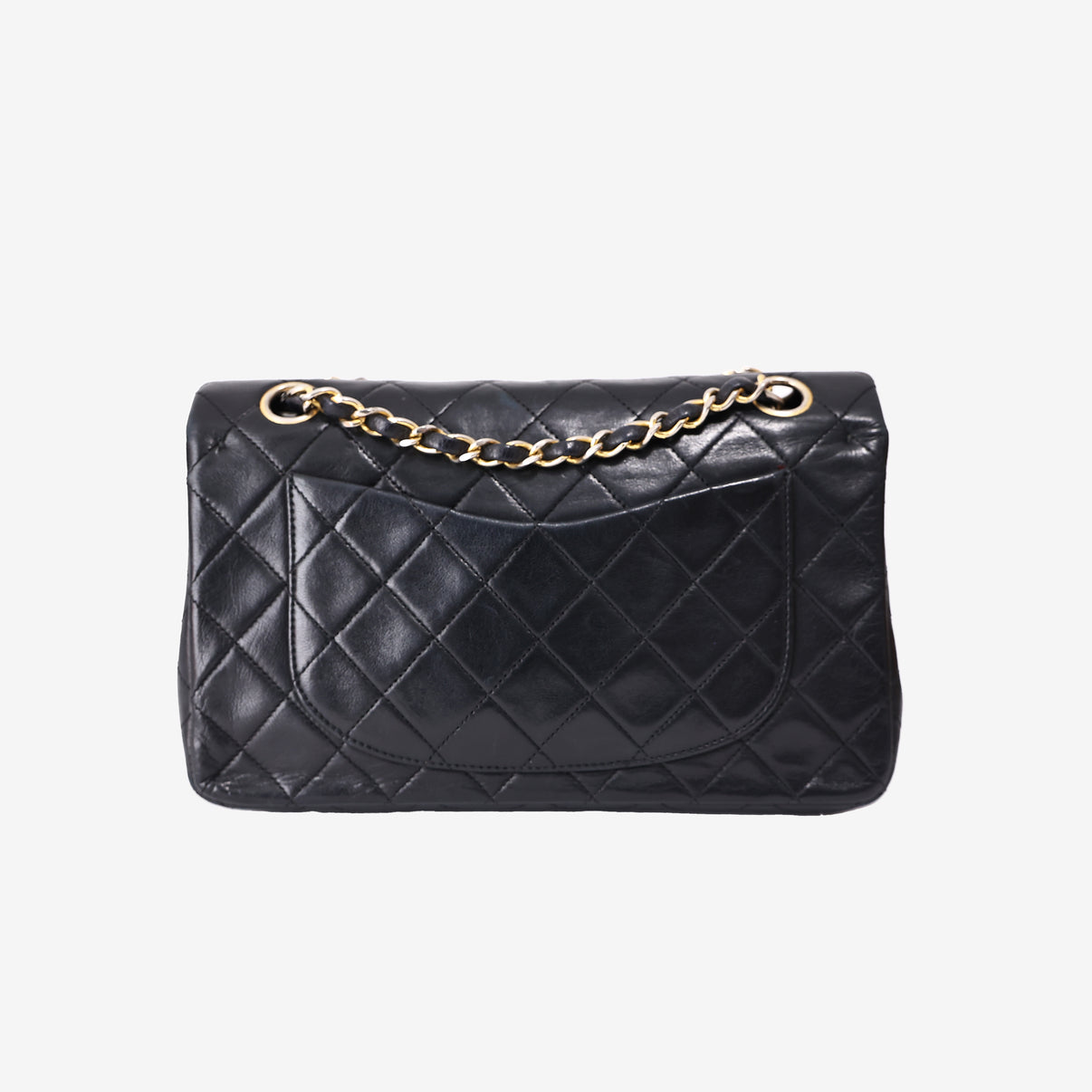 Chanel Vintage Classic Flap Bag in Black Lambskin Leather with Gold Hardware back view