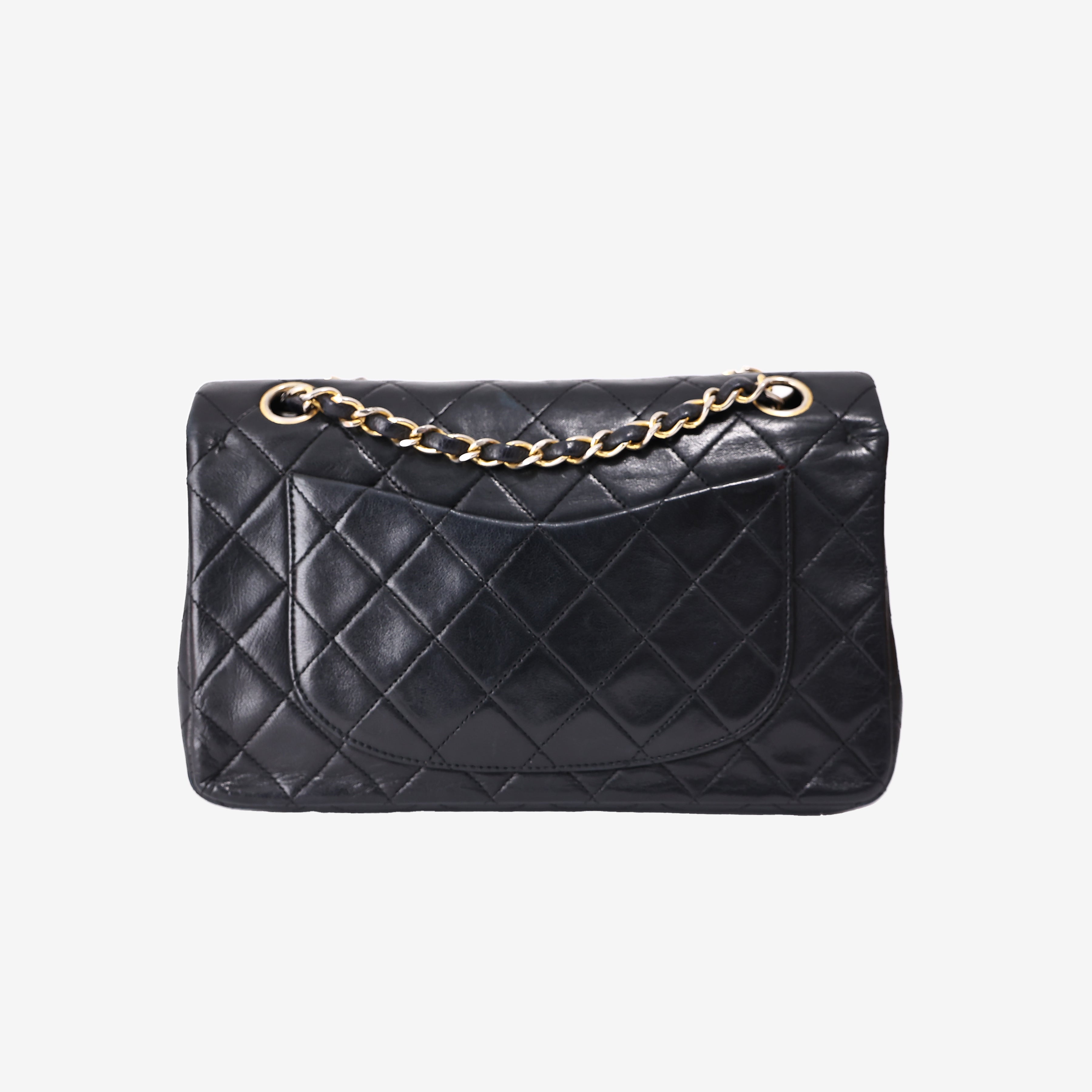 Chanel Vintage Classic Flap Bag in Black Lambskin Leather with Gold Hardware back view
