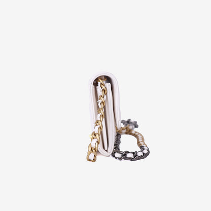 Chanel 19 Card Holder on Chain in White Lambskin Leather with Gold Hardware side view