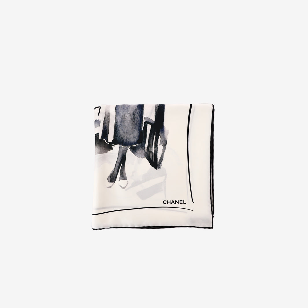 Chanel Coco Mademoiselle Silk Scarf in White and Black Silk
