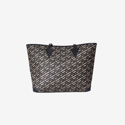 Versace La Greca Medusa Music Tote in Brown Coated Canvas and Calfskin Leather