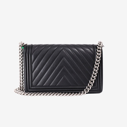 Chanel Boy Bag in Black Chevron Leather with Silver Hardware