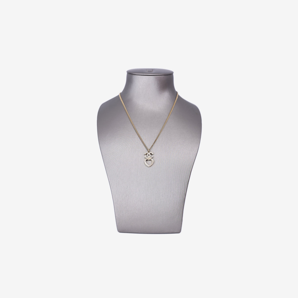 Chanel CC Heart Dangle Necklace in Gold Metal with Crystal and Imitation Pearls front view