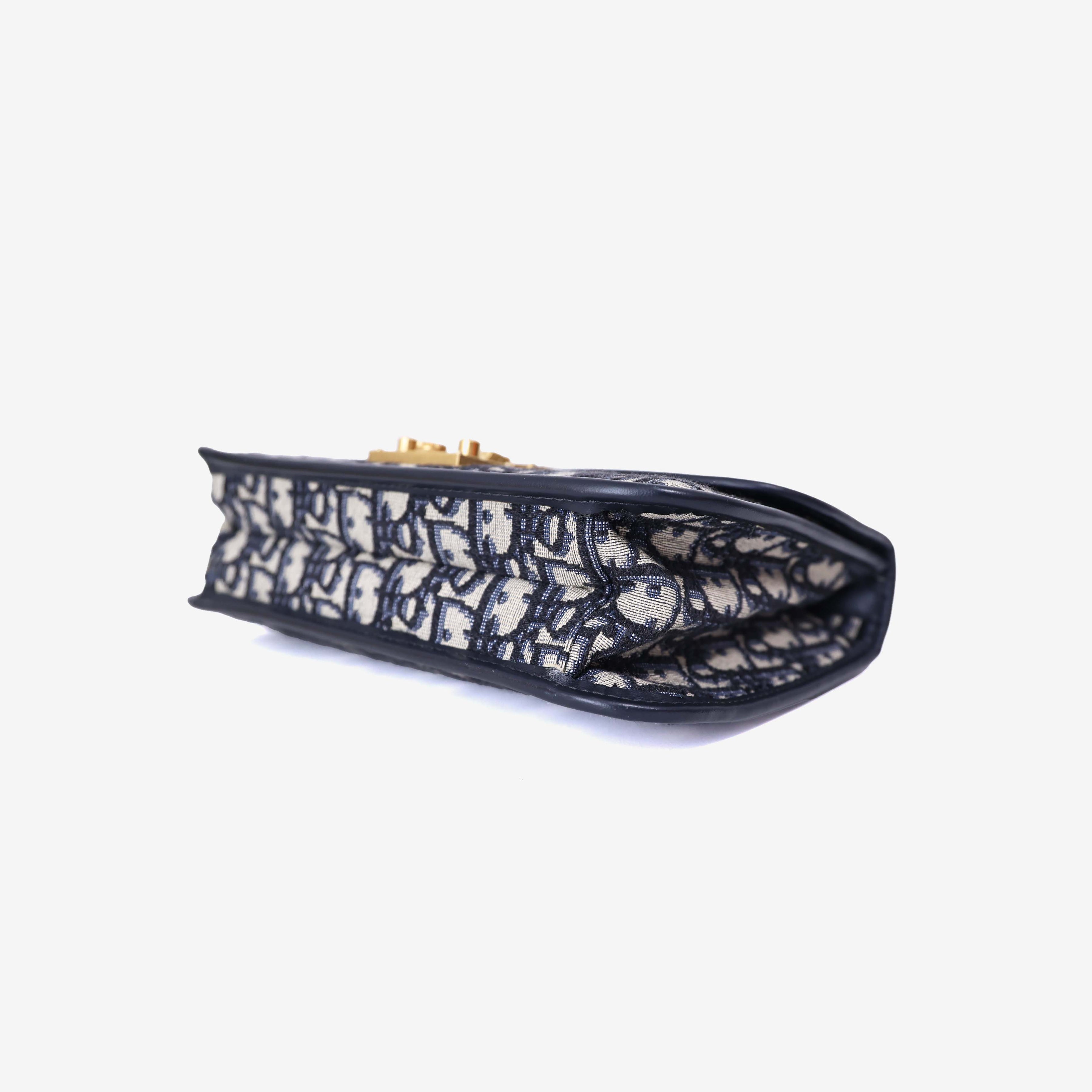 Dior Addict Flap Bag in Navy Blue Oblique Jacquard Canvas with Gold Hardware bottom side view