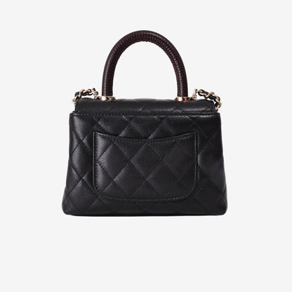 Chanel Mini Coco Handle in Black Caviar Leather with Gold Hardware and Burgundy Lizard-Embossed Top Handle