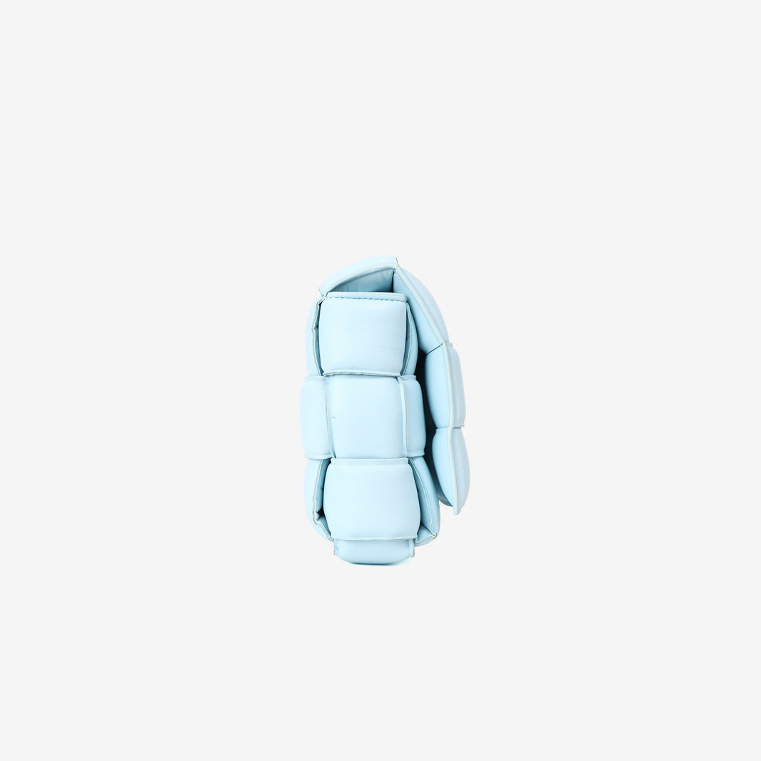 Bottega Veneta Padded Cassette Bag in Light Blue Woven Calf Leather with Gold Hardware