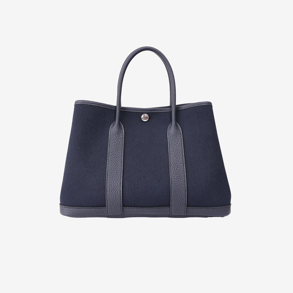 Hermès Garden Party 30 in Bleu Indigo Negonda Leather and Toile Canvas with Palladium Hardware front view