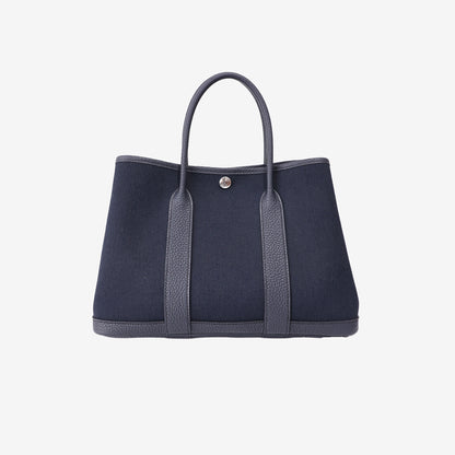 Hermès Garden Party 30 in Bleu Indigo Negonda Leather and Toile Canvas with Palladium Hardware front view