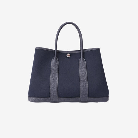Hermès Garden Party 30 in Bleu Indigo Negonda Leather and Toile Canvas with Palladium Hardware front view