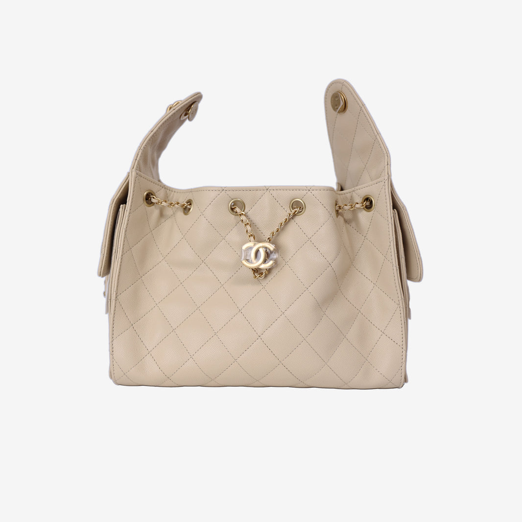Chanel 25 Small Bag in Beige Calfskin Leather with Gold Hardware front view