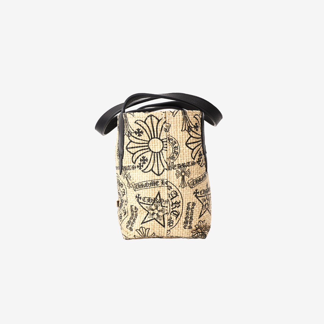 Chrome Hearts Monogram-Print Beach Bag in Beige Woven Straw with Black Leather Handles