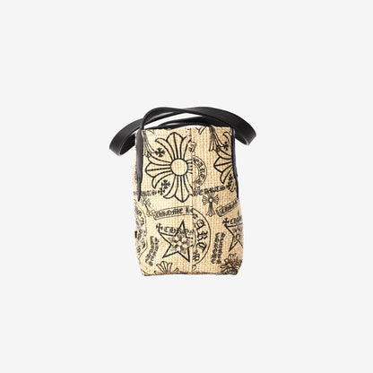 Chrome Hearts Monogram-Print Beach Bag in Beige Woven Straw with Black Leather Handles