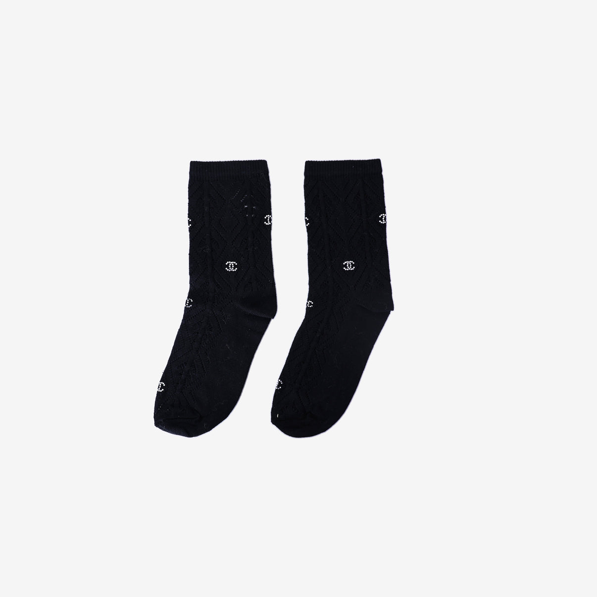 Chanel CC Logo Knit Socks in Black Knit with Rhinestone Detailing front view