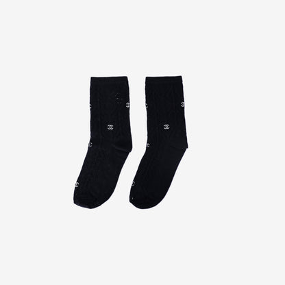 Chanel CC Logo Knit Socks in Black Knit with Rhinestone Detailing front view