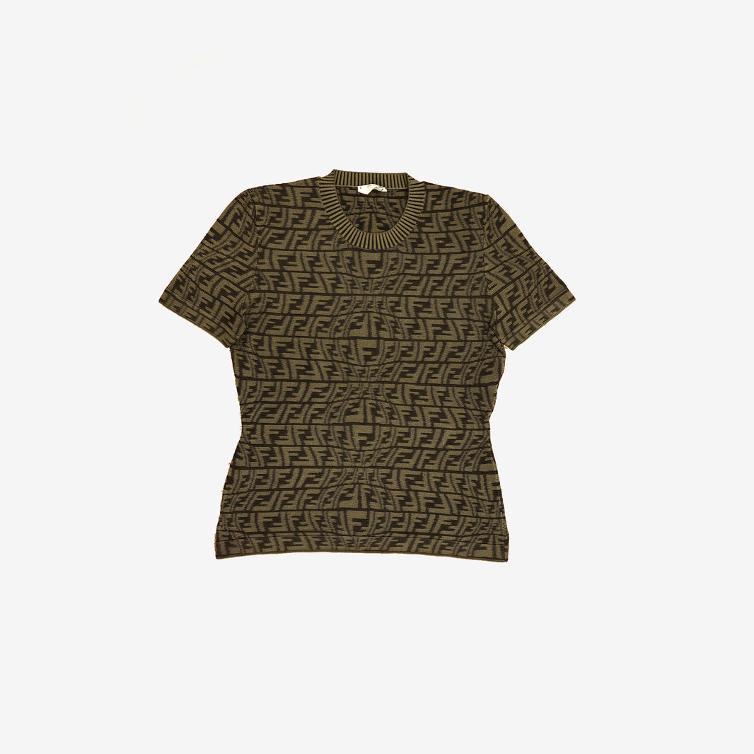 Fendi FF Knit Short Sleeve Jumper in Khaki Green Viscose Blend (Size IT 44)