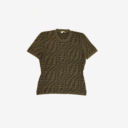 Fendi FF Knit Short Sleeve Jumper in Khaki Green Viscose Blend (Size IT 44)