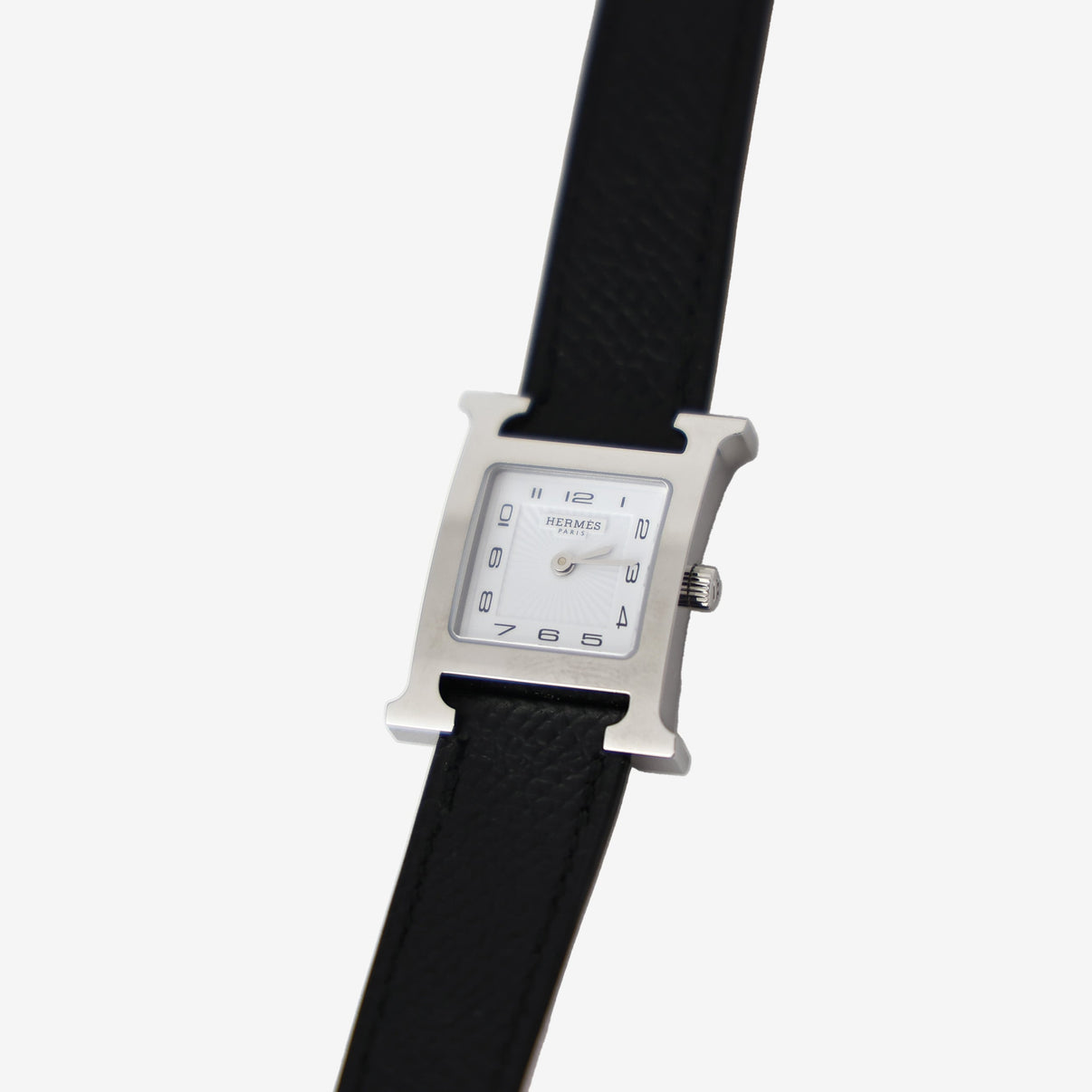 Hermès Heure H Watch in Noir Calfskin Leather detail view