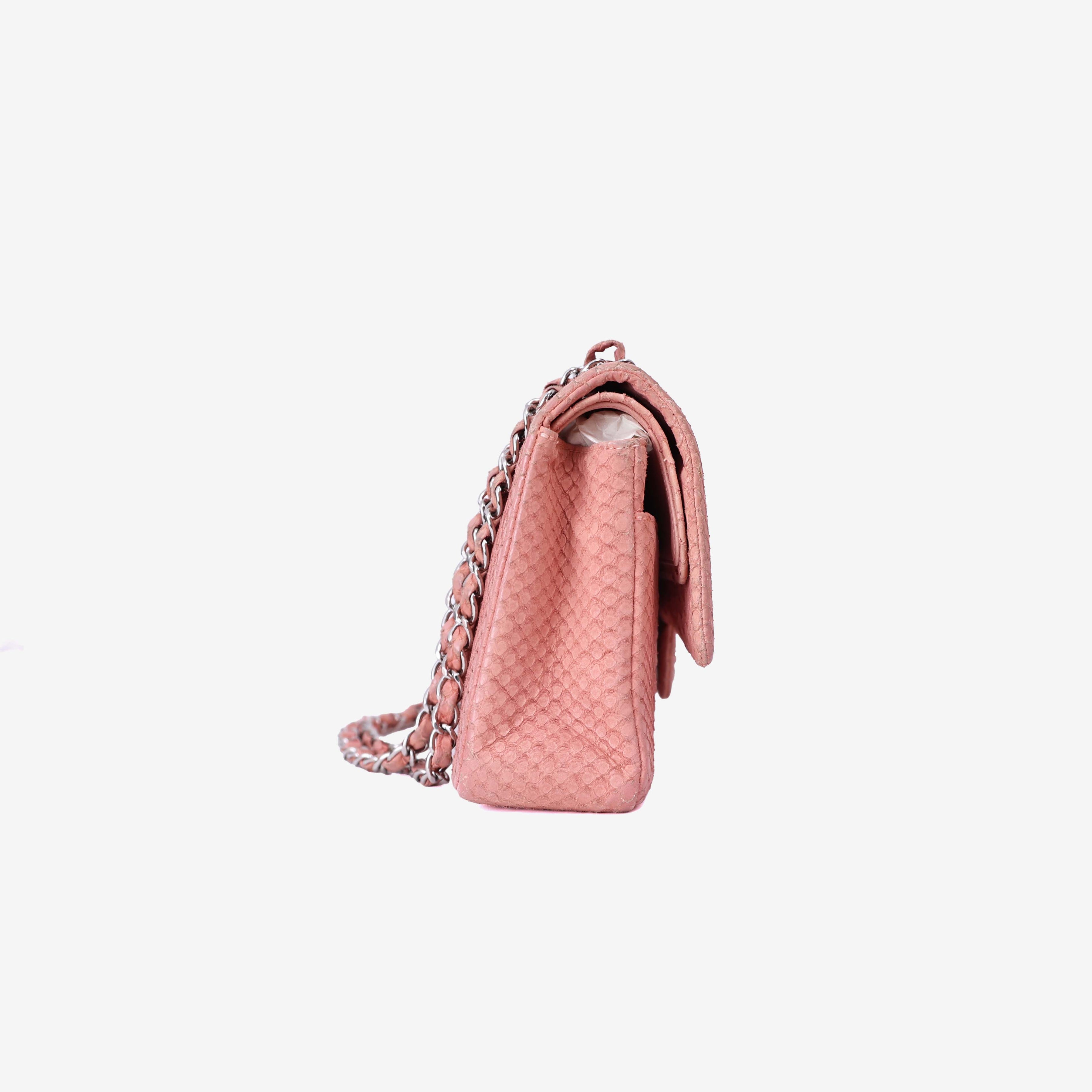 Chanel Classic Double Flap in Pink Python Leather with Silver Hardware side view