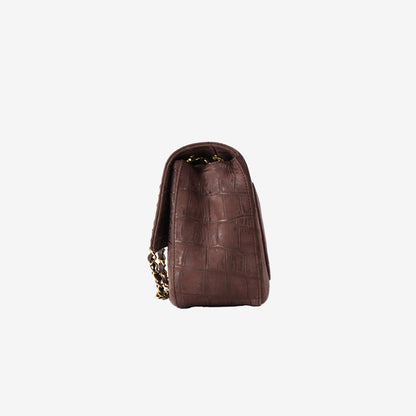 Chanel 26K Crocodile-Embossed Maxi Flap Bag 32 in Brown Suede with Gold Hardware
