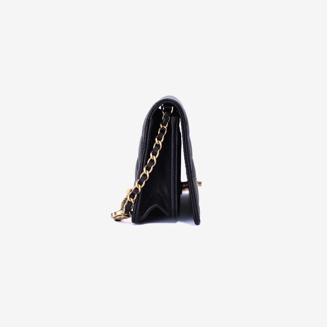 Chanel Camellia Wallet on Chain in Black Caviar Leather with Gold Hardware