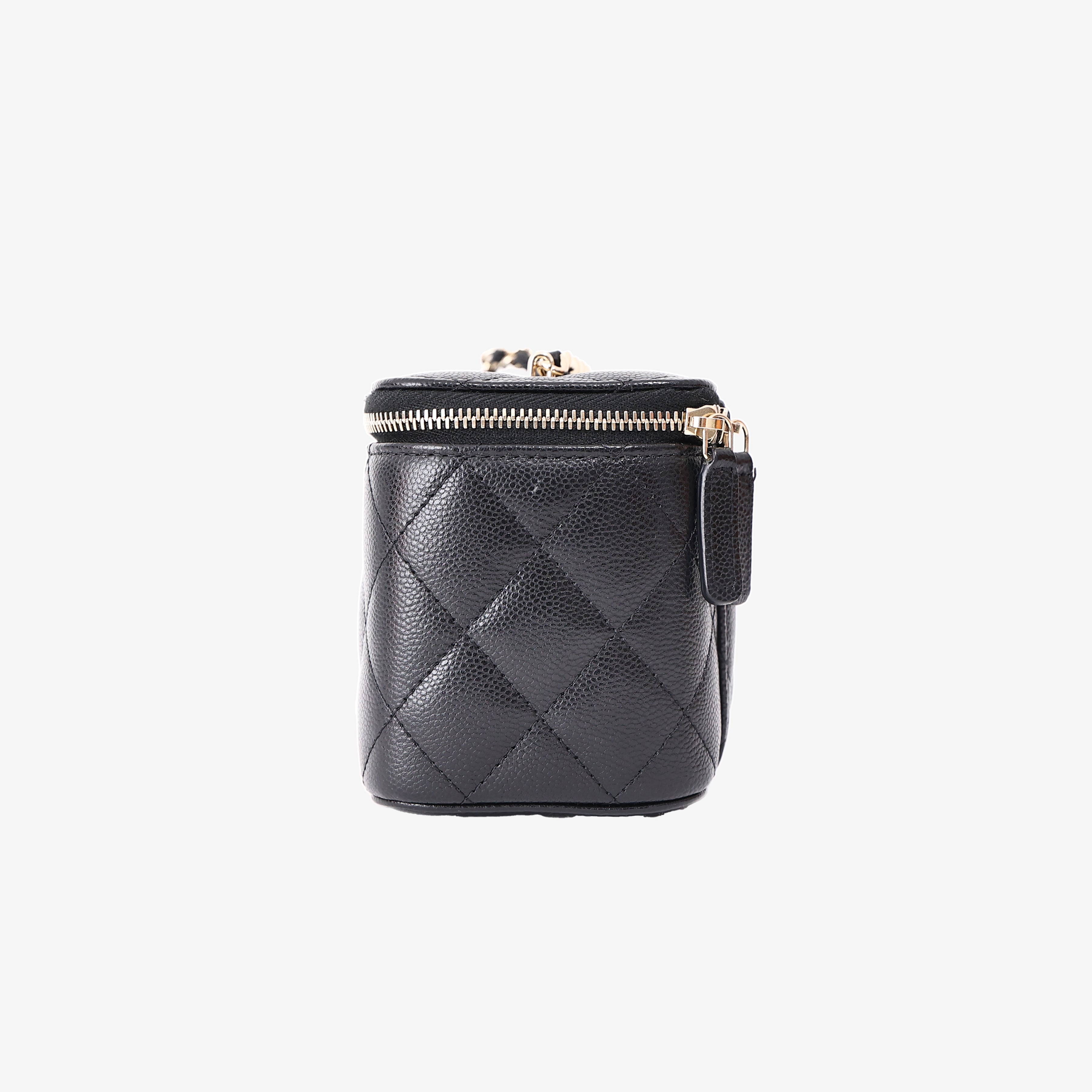 Chanel Small Vanity Case with Chain in Black Caviar Leather with Gold Hardware side view