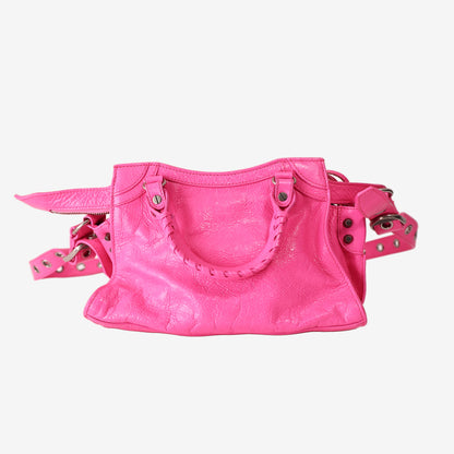 Balenciaga Neo Cagole City Bag in Fluorescent Pink Crinkled Lambskin Leather with Silver Hardware