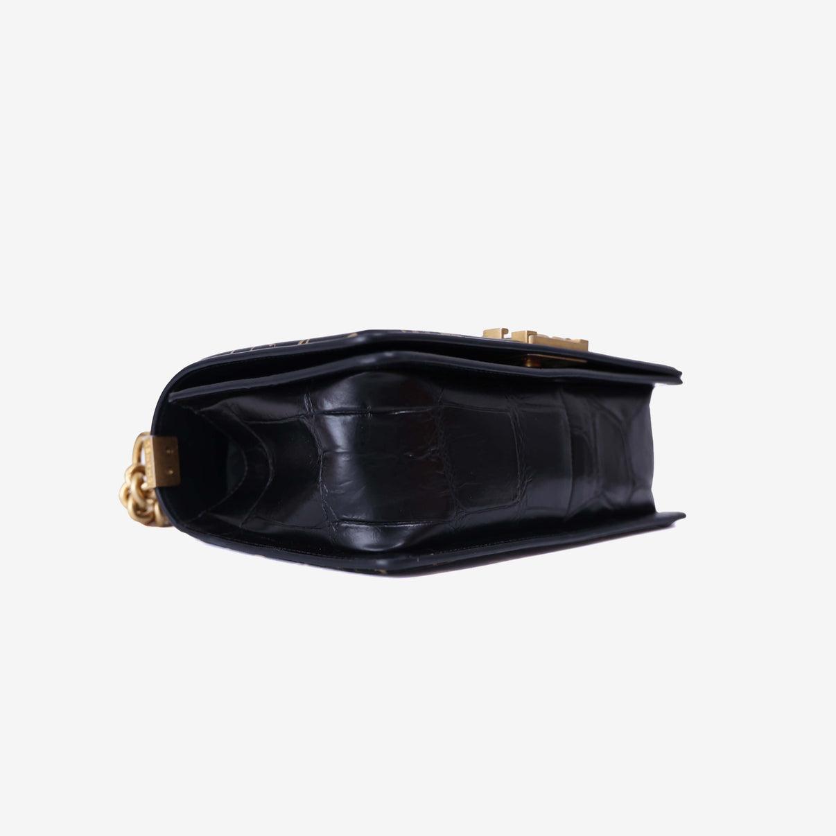 Chanel Medium Boy Flap Bag in Black Embossed Calfskin Leather with Gold Hardware bottom side view
