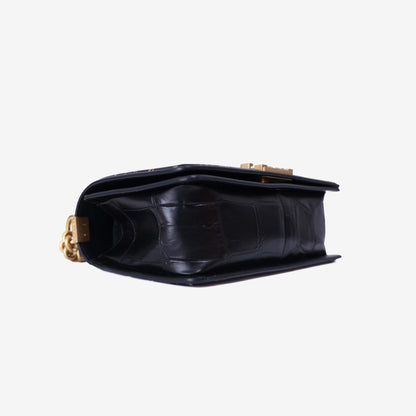 Chanel Medium Boy Flap Bag in Black Embossed Calfskin Leather with Gold Hardware bottom side view