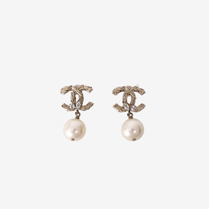 Chanel CC Crystal Drop Earrings in Gold-Tone Metal with Faux Pearl