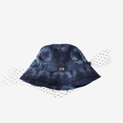 Christian Dior Tie-Dye Denim Black Veil Bucket Hat in Blue/Black Cotton Denim with Gold Hardware