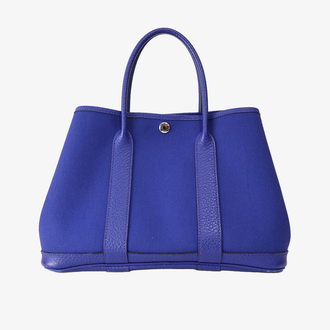 Hermès Garden Party 30 in Bleu Negonda Leather/Canvas with Palladium-Plated Hardware