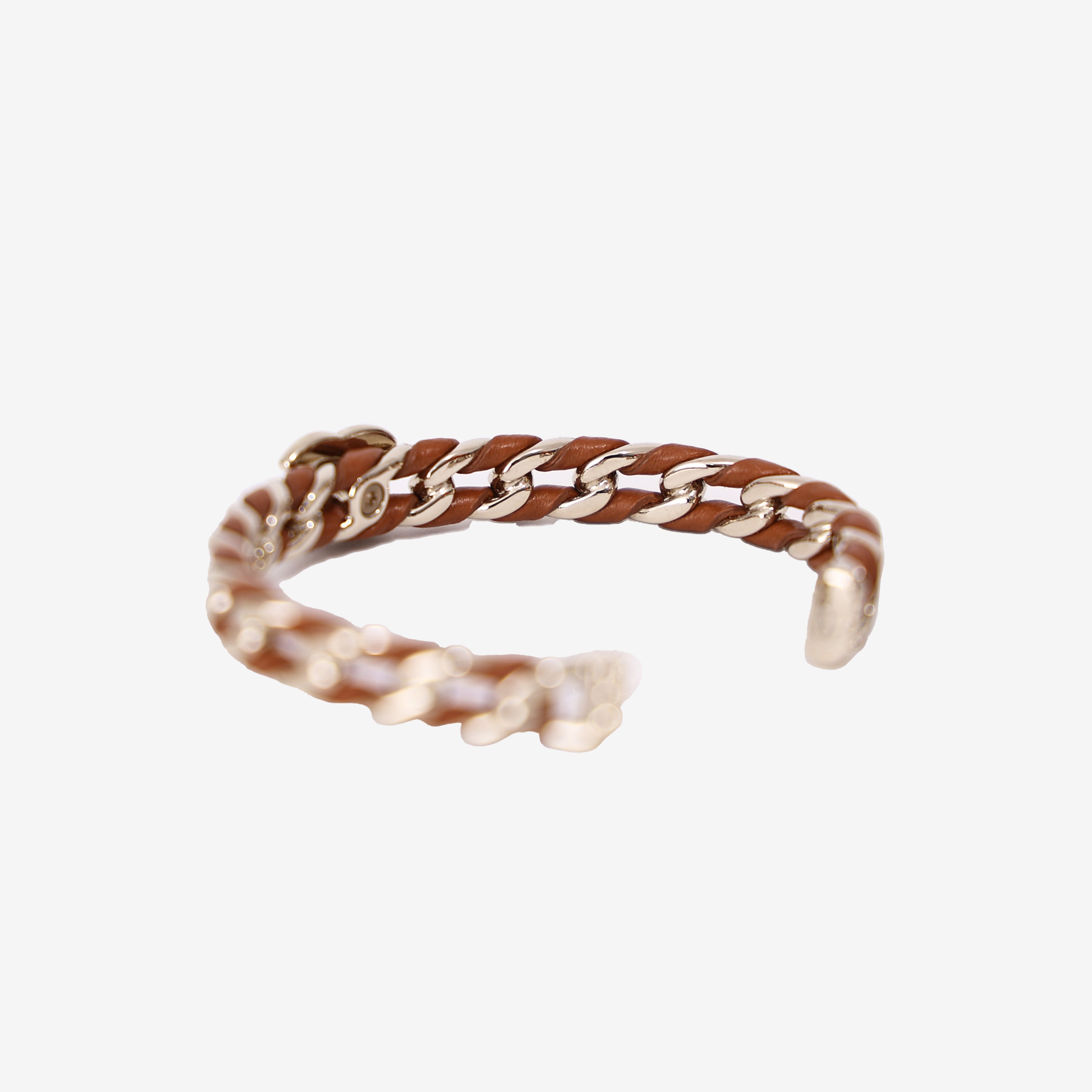 Chanel Cuff Bracelet in Gold Metal and Brown Lambskin Leather with Resin detail view