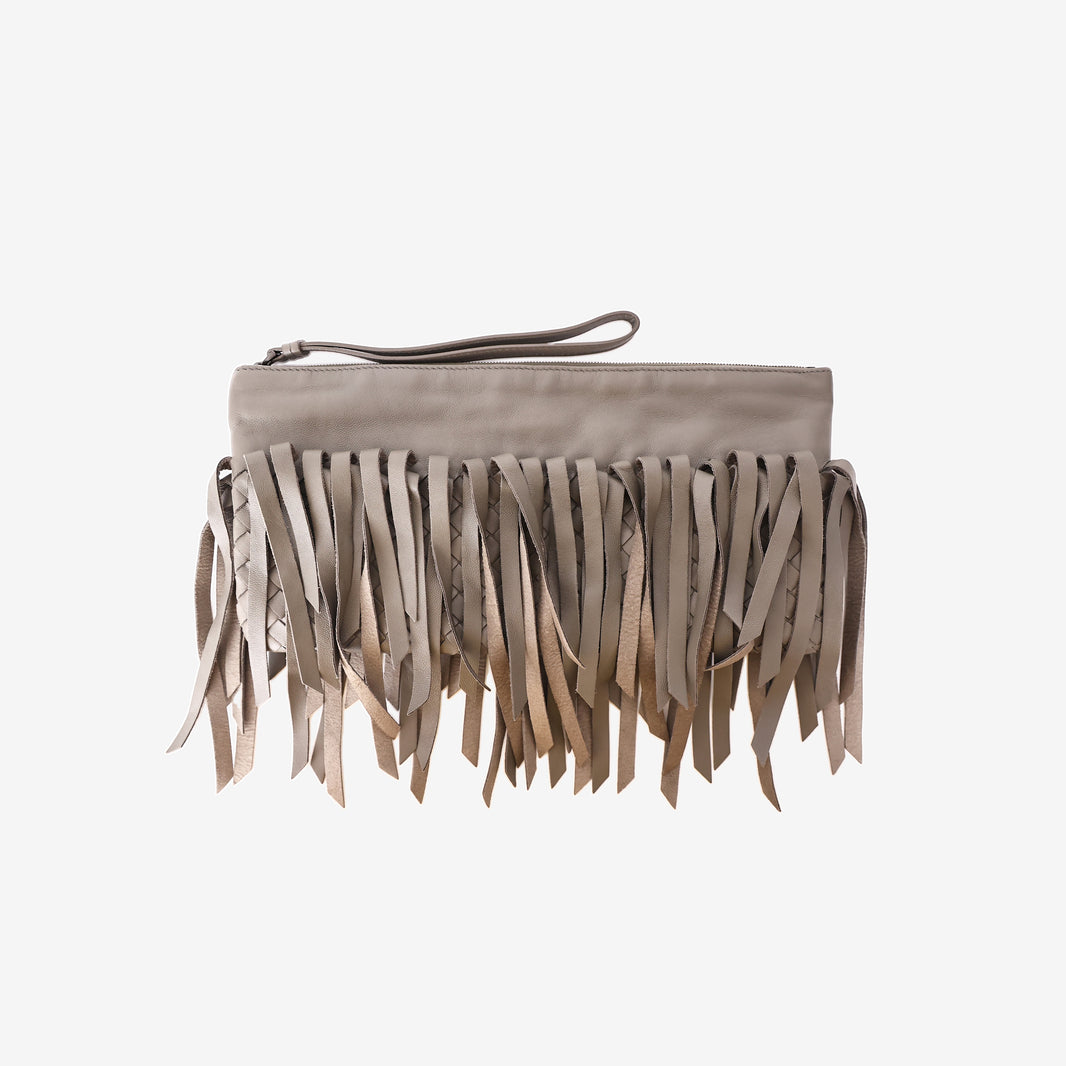 Bottega Veneta Fringe Clutch Bag in Grey Calf Leather/Suede